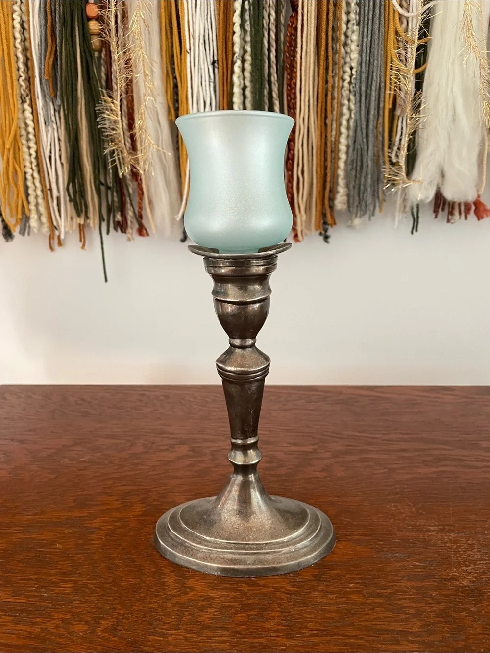 Silver  Candlestick Holder with first blue votive - unique look